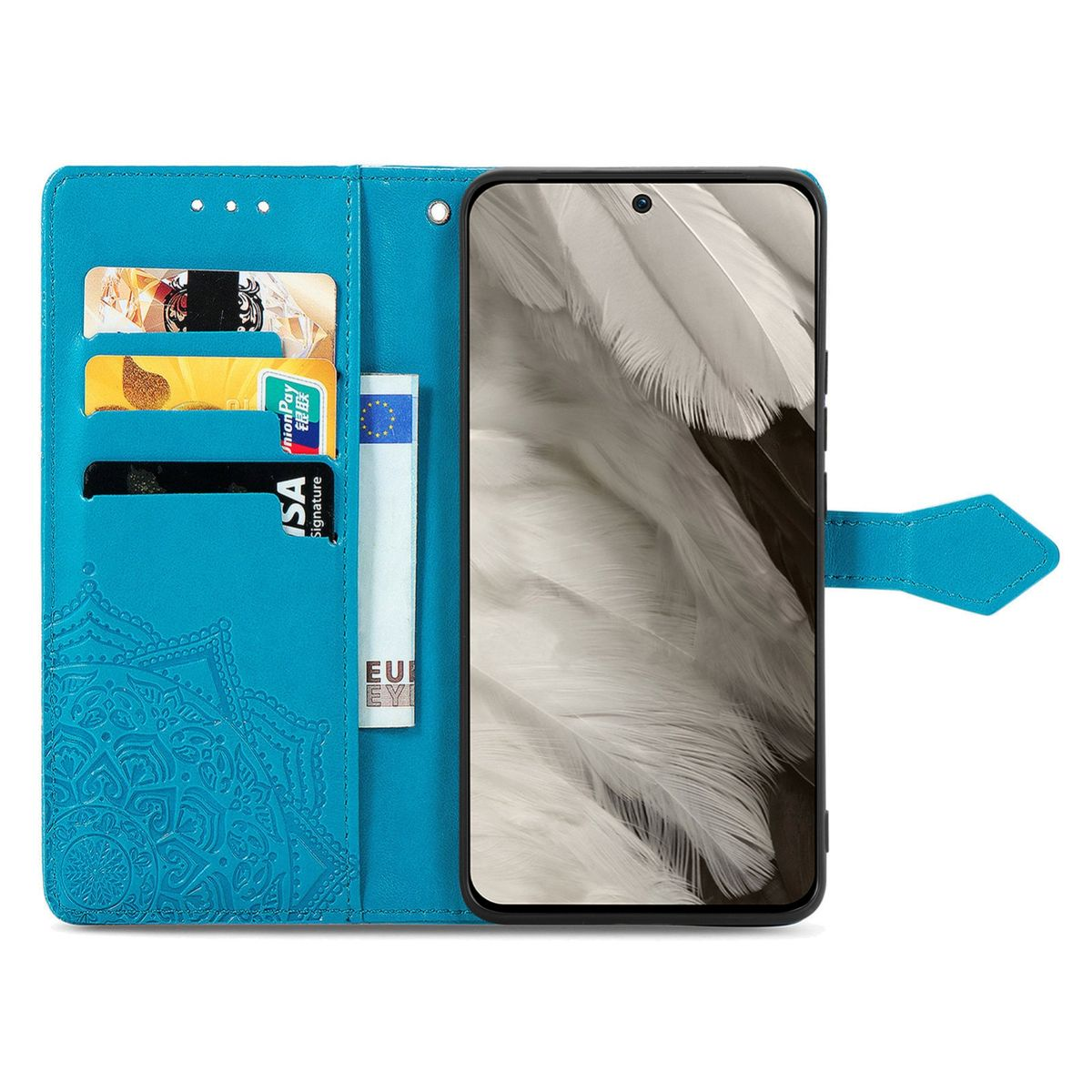 Blaue Handyhülle mit Kartenfächern, Geld und Telefon mit Federbild.