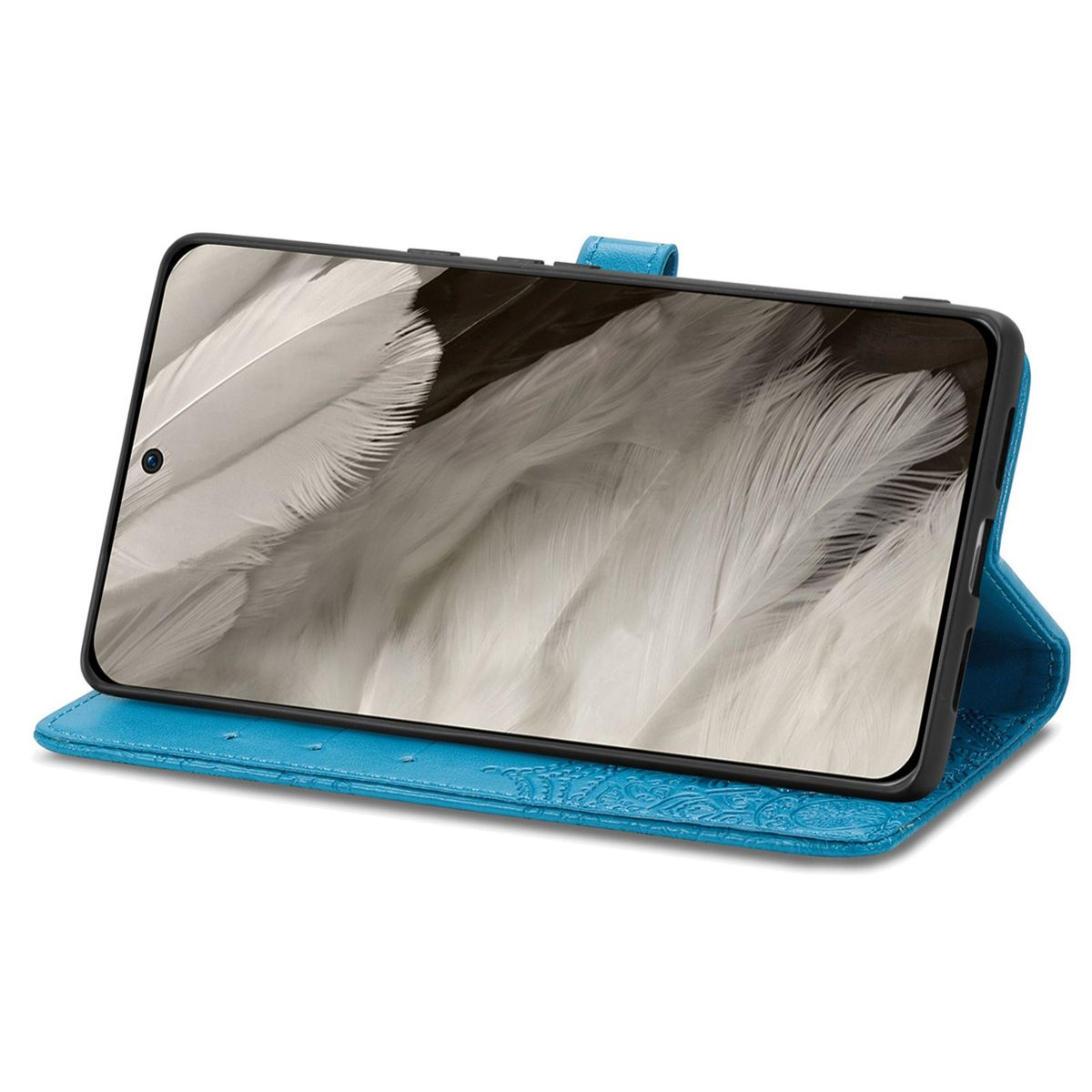 Blaue Handyhülle, geöffnet, mit Federbild auf dem Telefon.