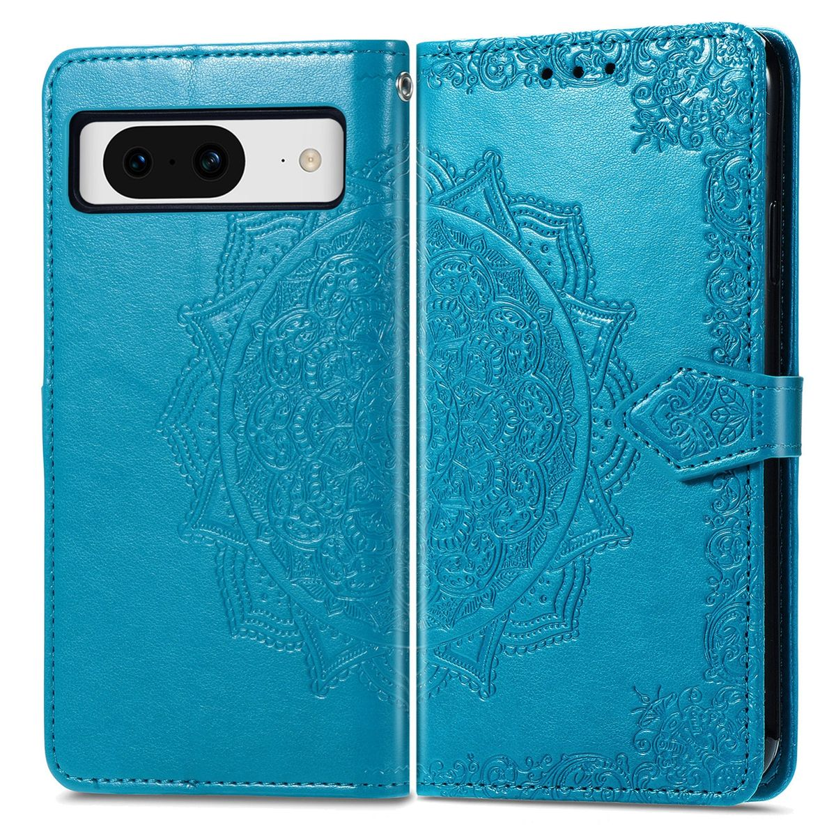 Blaue Handyhülle offen, zeigt ein Telefon. Es hat ein Blumenmuster auf der Hülle.