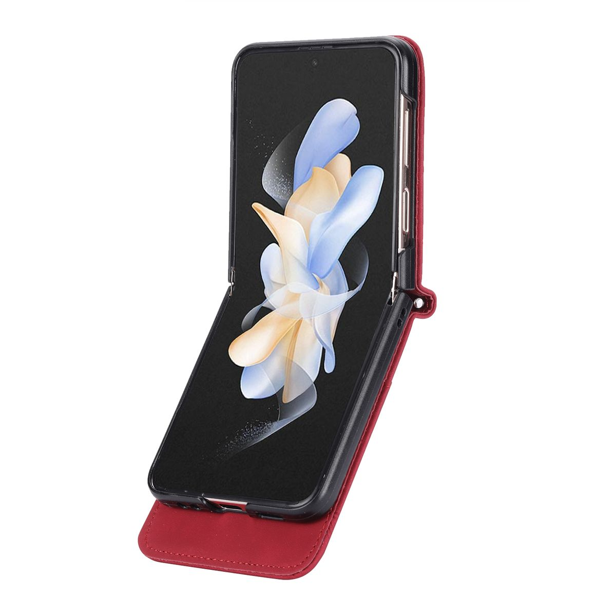 Rote Flip-Handyhülle mit offenem Telefon, das eine Blumentapete zeigt. Rote Abdeckung ist offen.