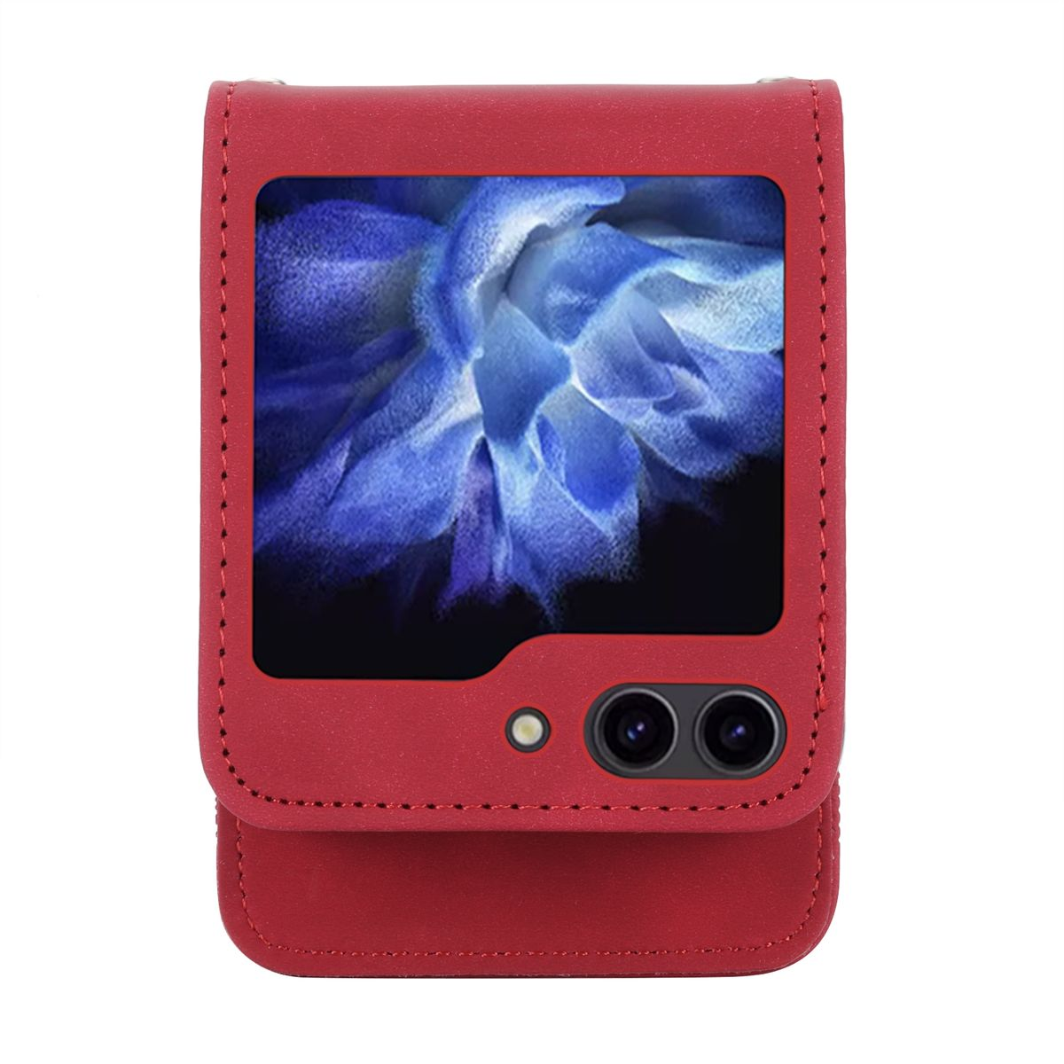 Eine rote Handyhülle, geschlossen. Die Hülle zeigt ein Blumenbild durch das Bildschirmfenster.