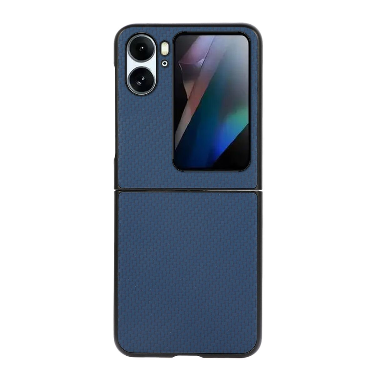 Marineblaue Handyhülle, geschlossen. Sie wird von vorne und hinten gezeigt. Das Design ist strukturiert.