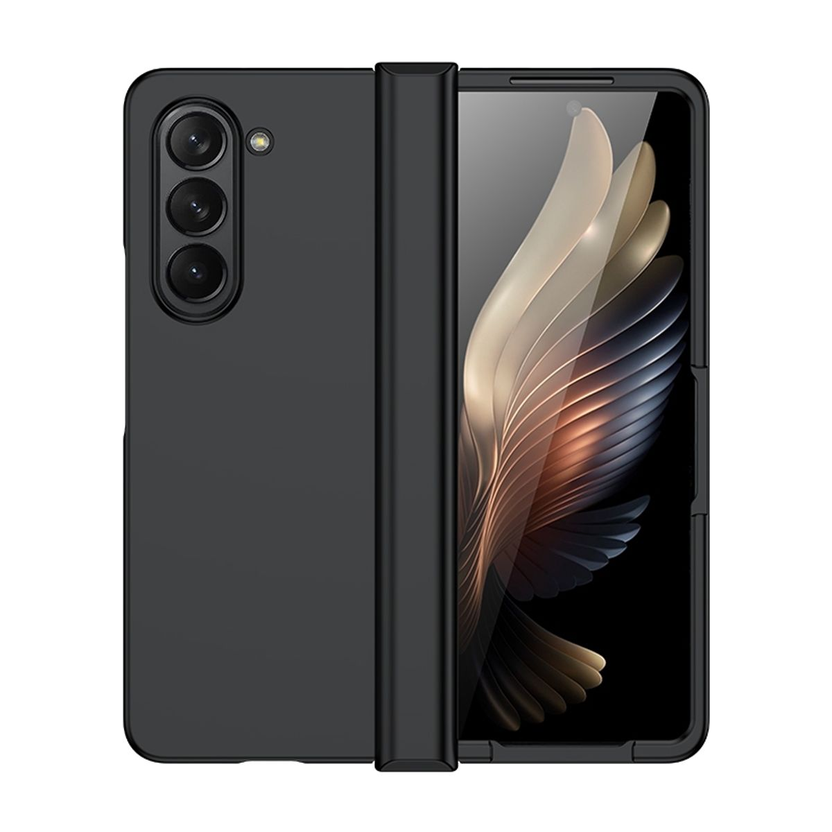 Schwarze Handyhülle, geschlossen. Der Telefonbildschirm ist teilweise sichtbar. Design für Telefonschutz. Schlankes und modernes Aussehen.