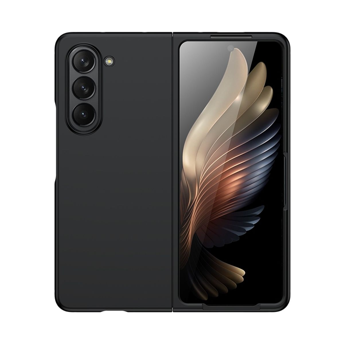 Schwarzes faltbares Telefon, offen, mit einem Innendisplay. Das Telefon befindet sich in einer schwarzen Hülle.