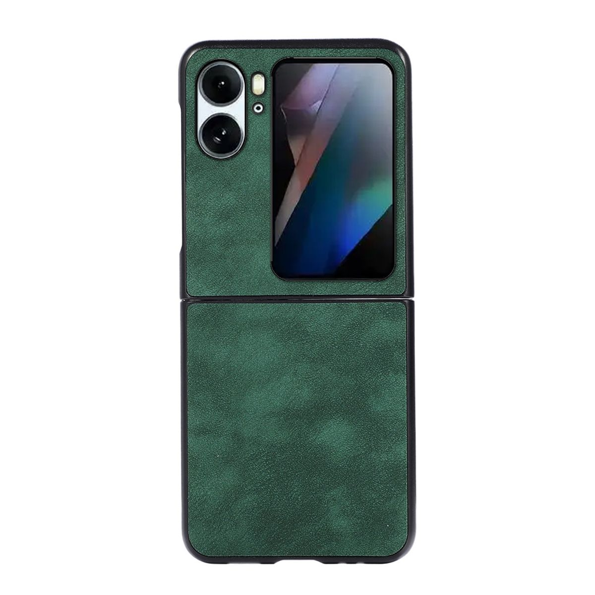 Grüne Handyhülle, offen, zeigt einen Telefonbildschirm mit einem abstrakten Bild.