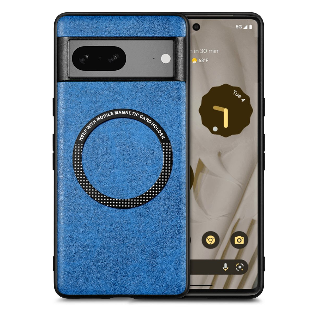 Blaue Handyhülle mit Magnetkartenhalter. Das Telefon ist sichtbar.