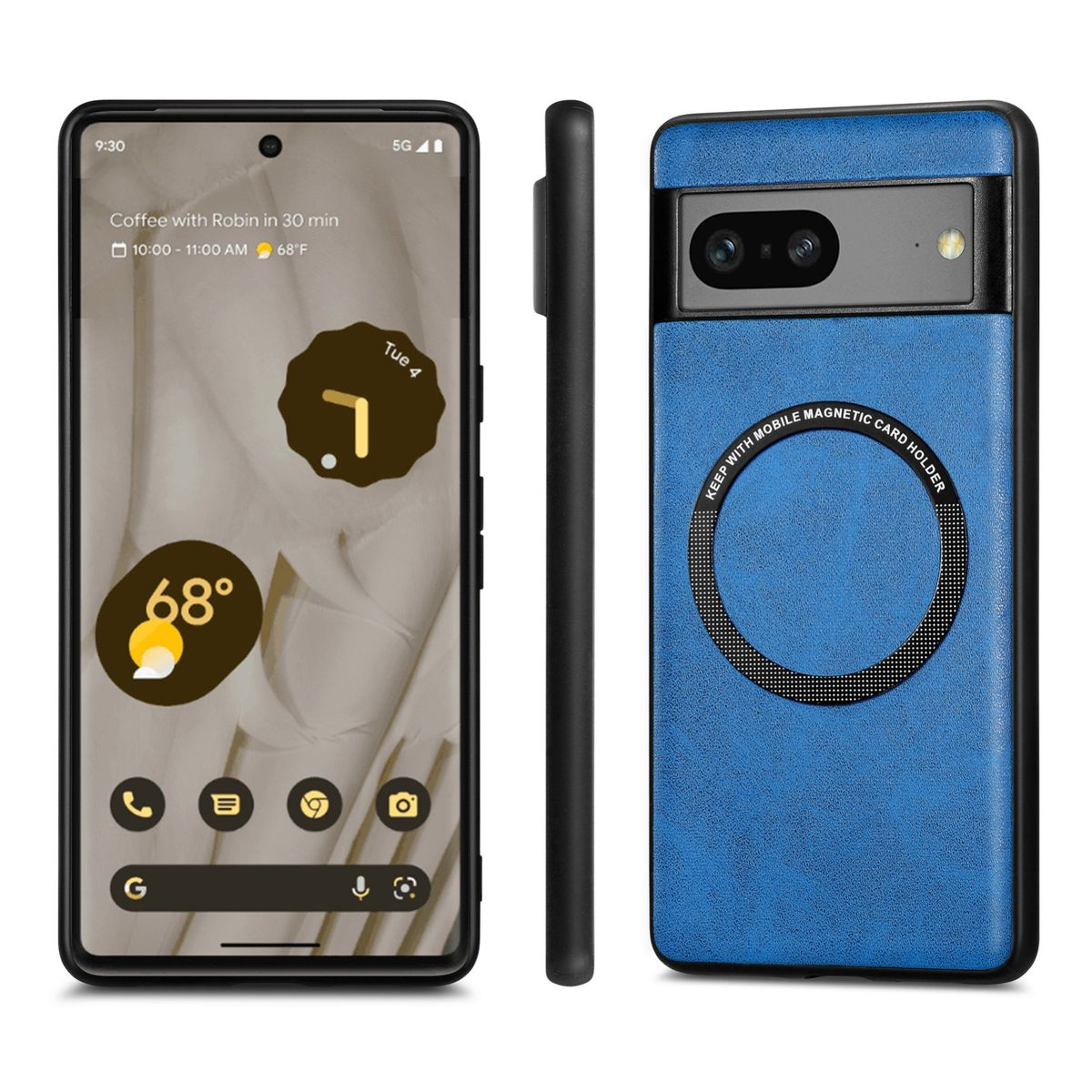 Ein Telefon mit sichtbarem Bildschirm, ein blaues Case mit Magnetkartenhalter auf der Rückseite und eine weitere Seitenansicht.
