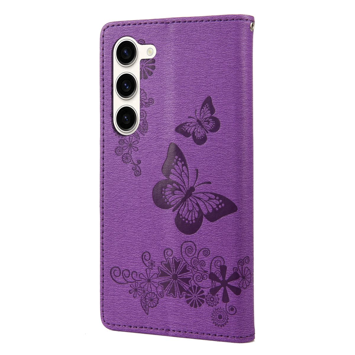 Lila Handyhülle mit Schmetterlings- und Blumenmustern. Die Hülle ist offen und zeigt das Telefon im Inneren.