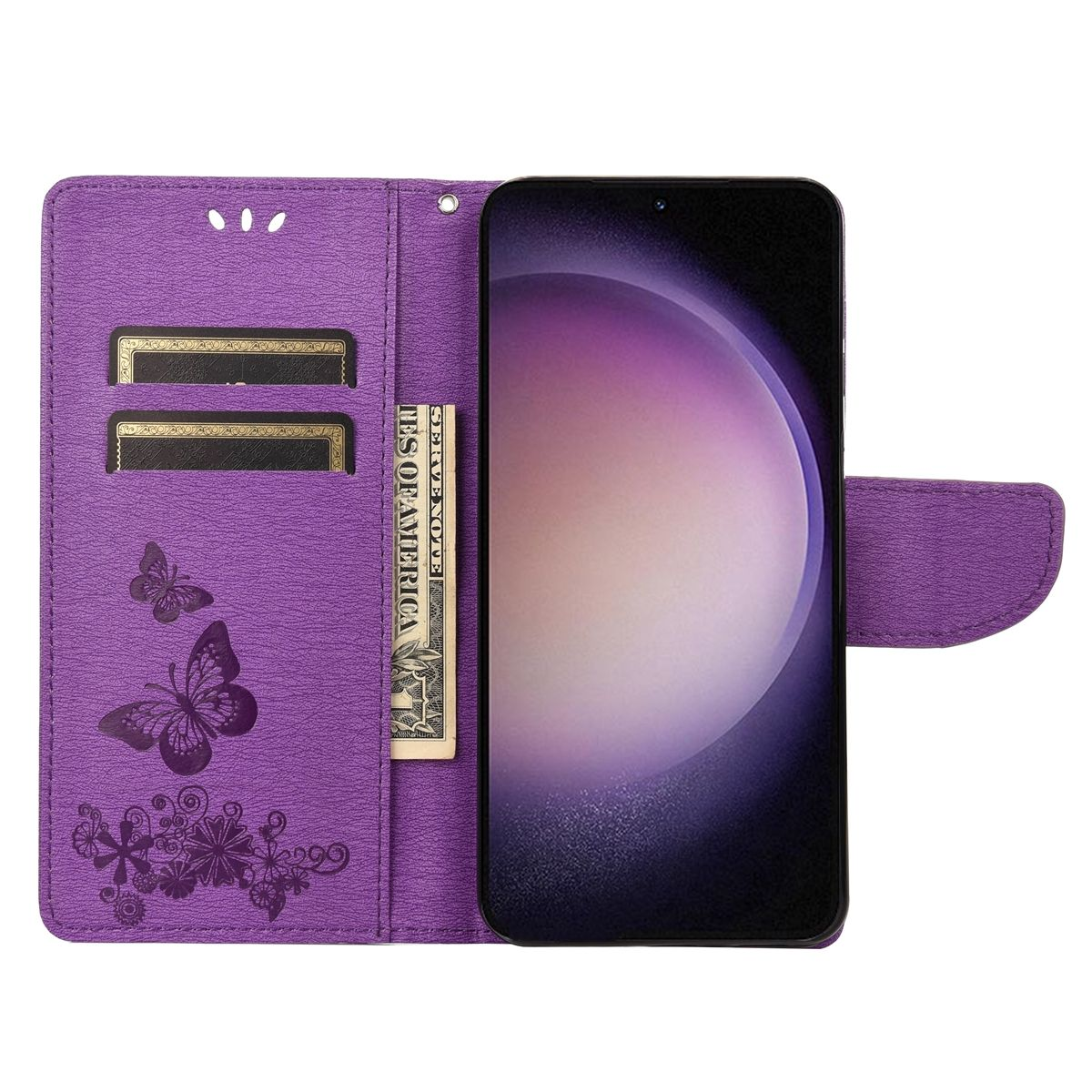 Lila Handyhülle mit Schmetterlingsdesign, zeigt ein Telefon und Platz für Karten und Bargeld.