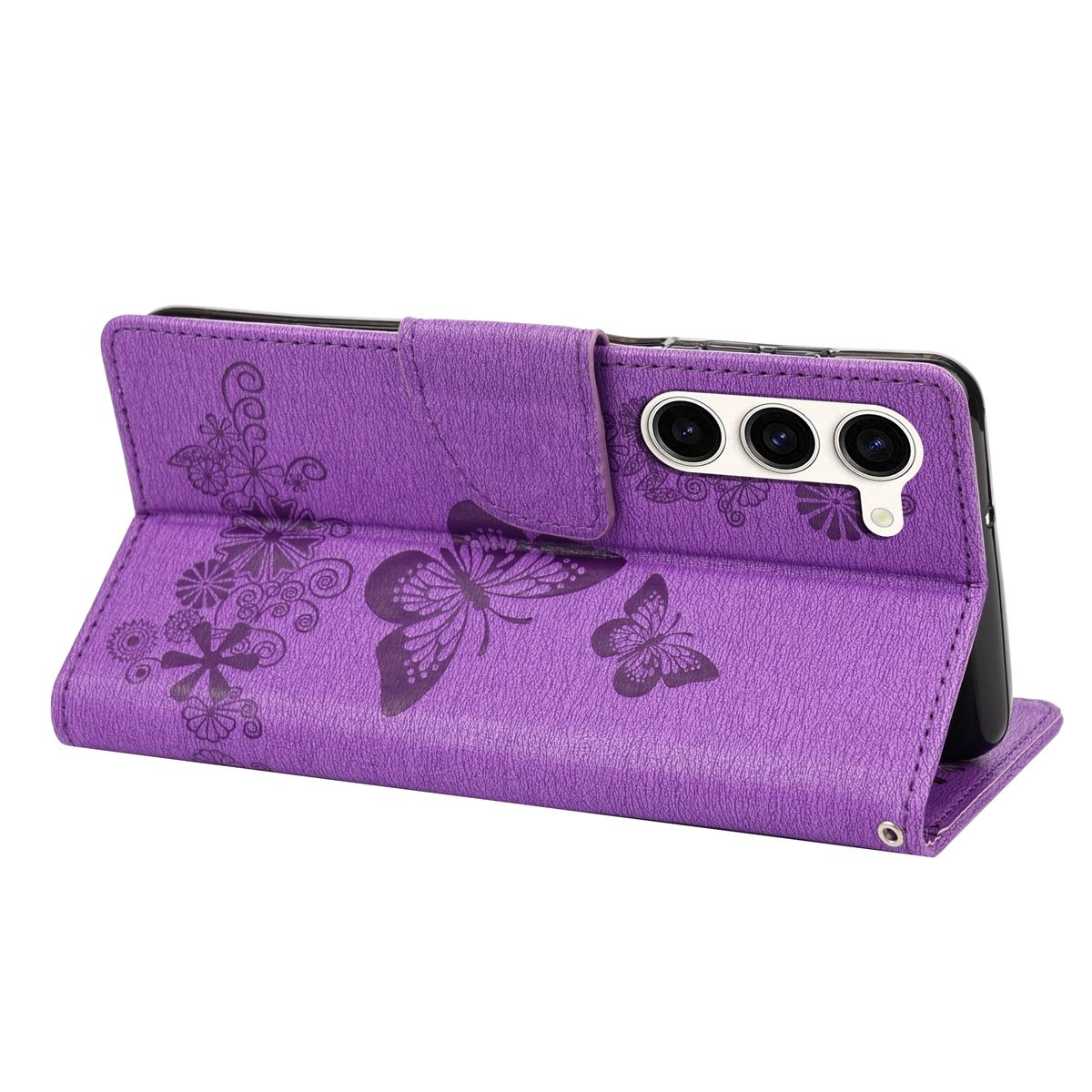 Lila Handyhülle mit Schmetterlingsdesigns, mit einem Telefon im Querformat. Weißer Hintergrund.