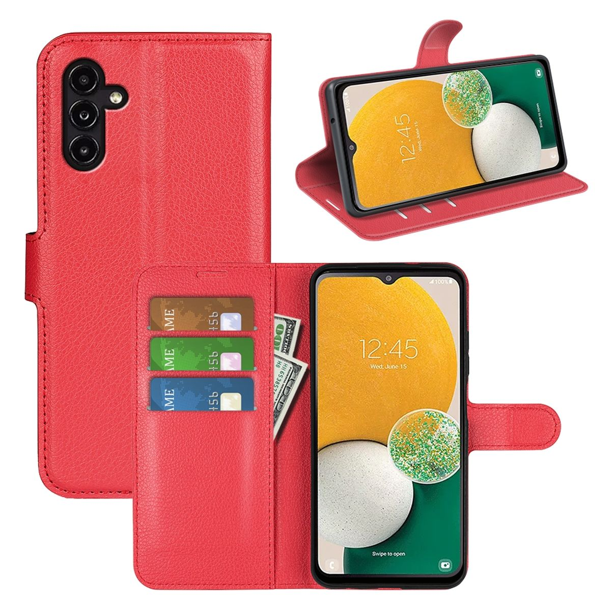 Rote Handyhülle mit Kartenfächern und einem Handy. Zwei Telefone werden angezeigt.