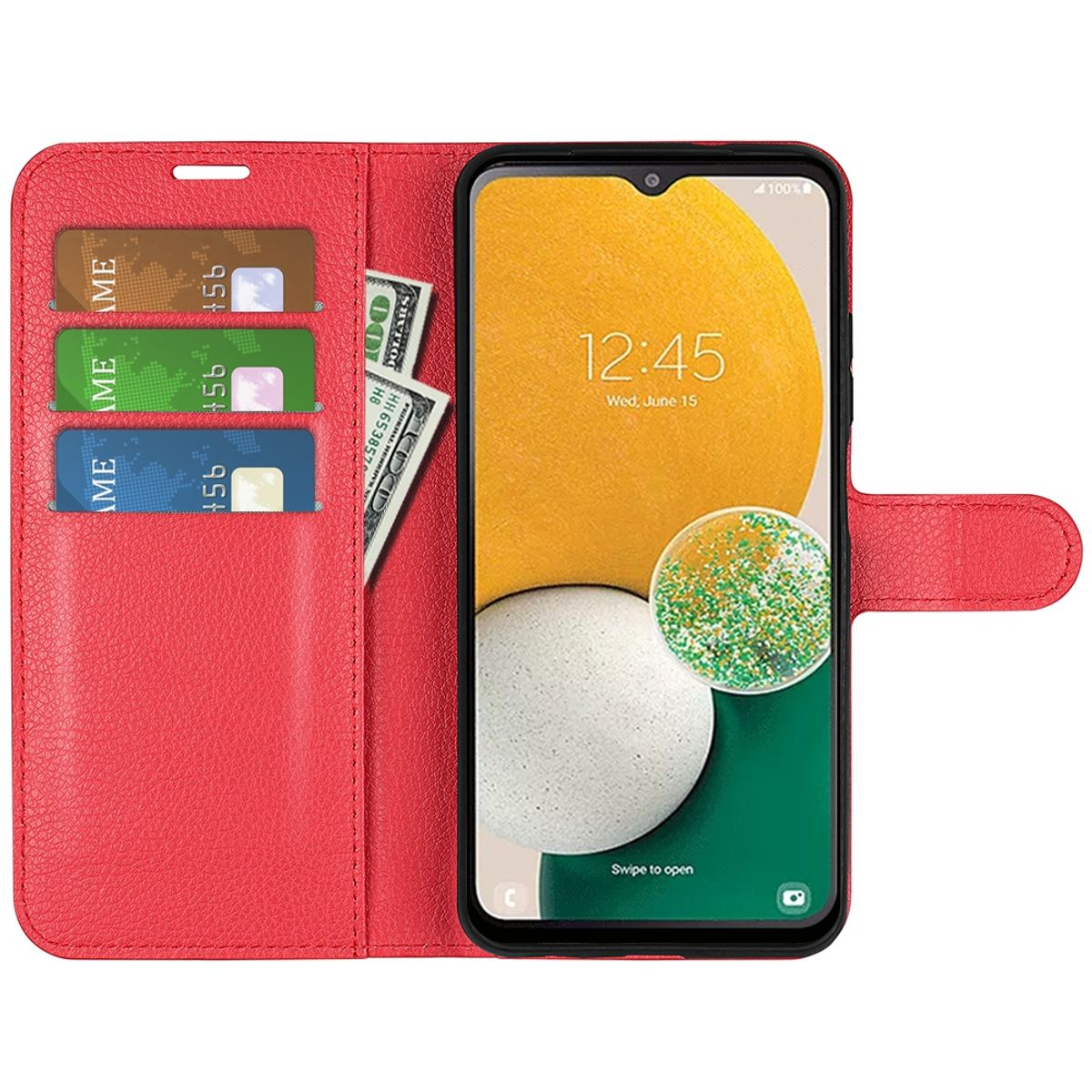 Rote Handy-Geldbörsenhülle geöffnet, zeigt Karten, Bargeld und ein Handy. Rotes, lederartiges Material.