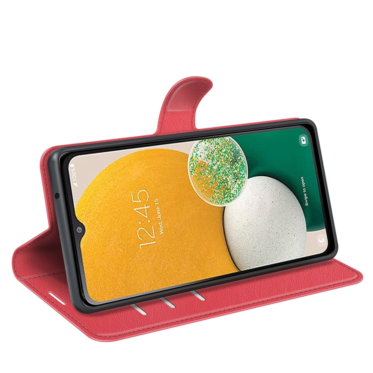 Ein Telefon in einer roten Hülle, aufgeklappt, zeigt einen Bildschirm mit gelbem Hintergrund.