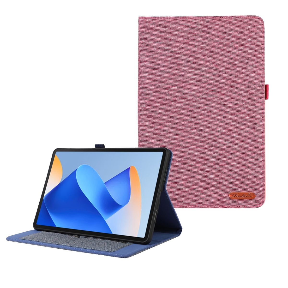 Tablet in rosa Hülle, offen und angezeigt, neben der geschlossenen Hülle auf dunkler Oberfläche.