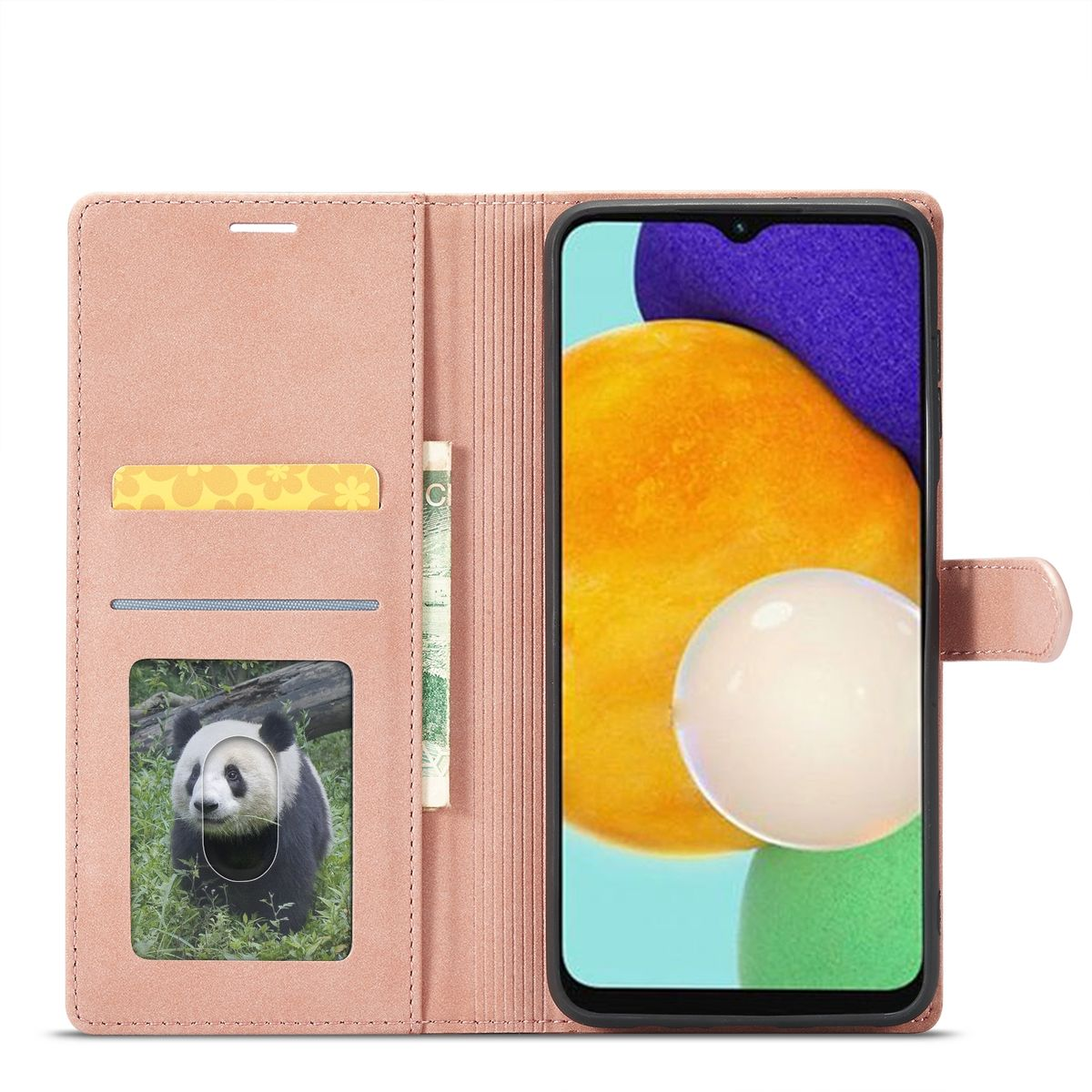 Eine offene, rosa Handyhülle mit einem Panda-Bild und einem Telefon im Inneren. Es gibt Karten- und Geldscheinfächer.