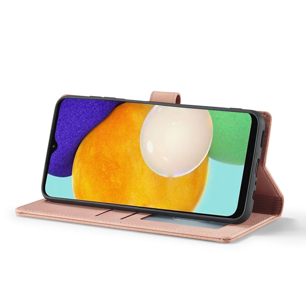 Ein Telefon in einer rosa Handyhülle, geöffnet. Der Bildschirm zeigt ein orange-grünes Bild.