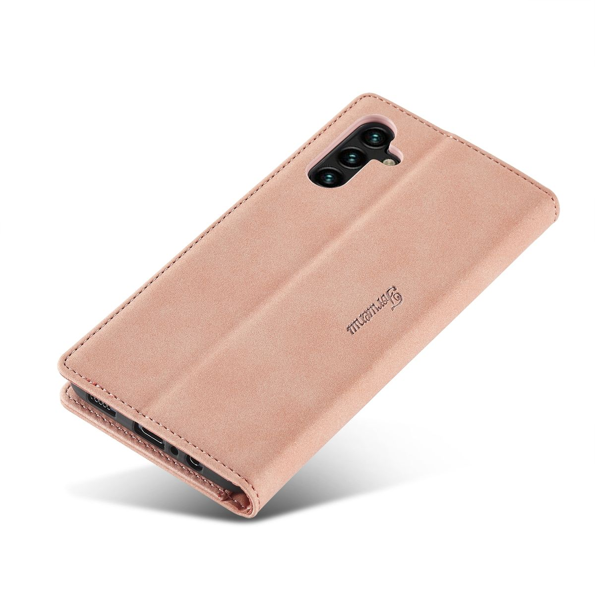 Geschlossene pinke Handyhülle mit Telefon.