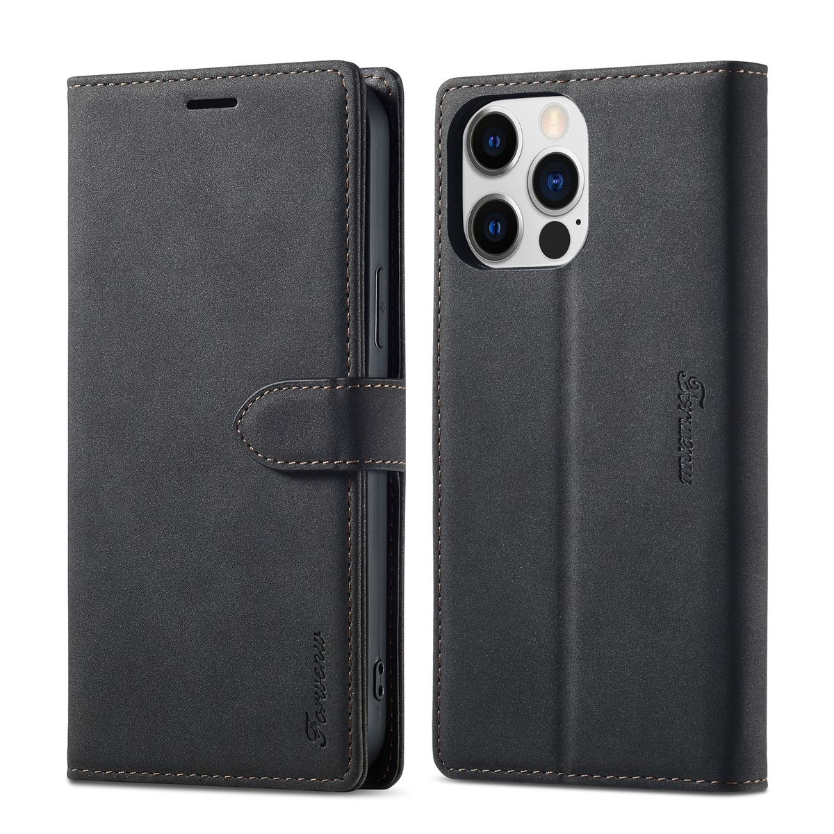 Eine geschlossene schwarze Handyhülle mit einem Telefon darin. Die Hülle hat einen Magnetverschluss.