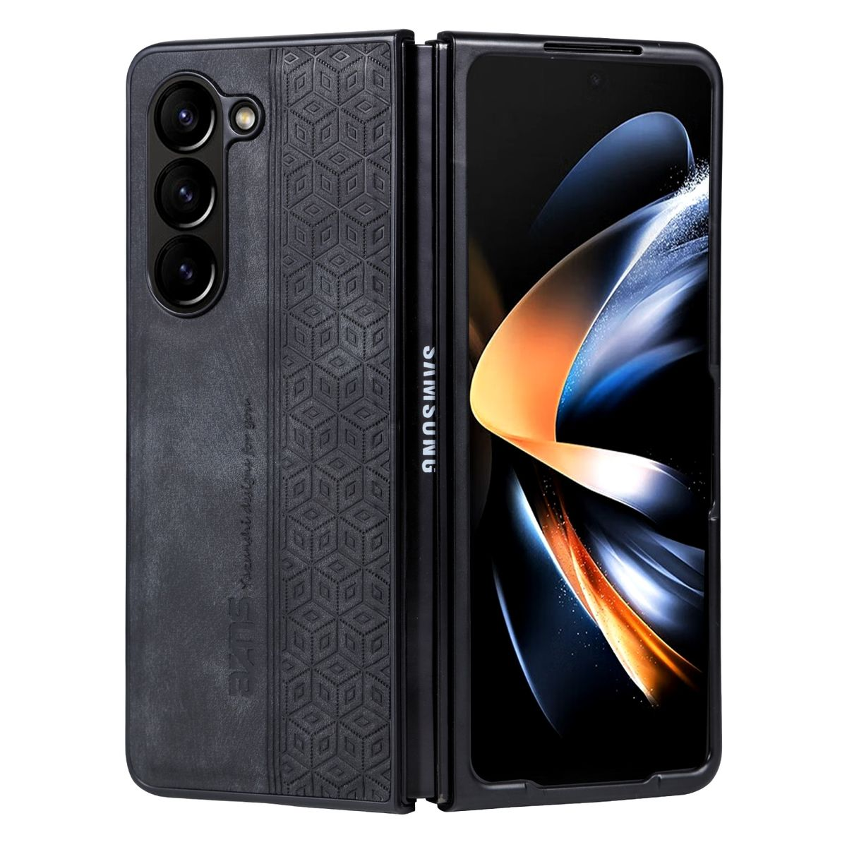 Schwarze Leder-Handyhülle mit geometrischem Design auf dem Rücken. Das Telefon ist offen.
