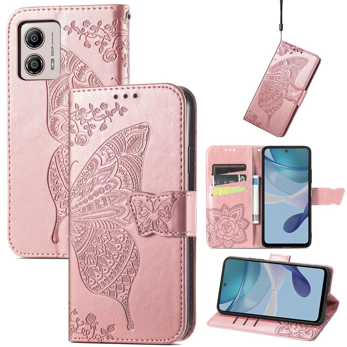 Rosa Handyhülle mit Schmetterlingsdesign. Mehrere Ansichten: geschlossen, offen, Telefon im Ständer, mit Karten.