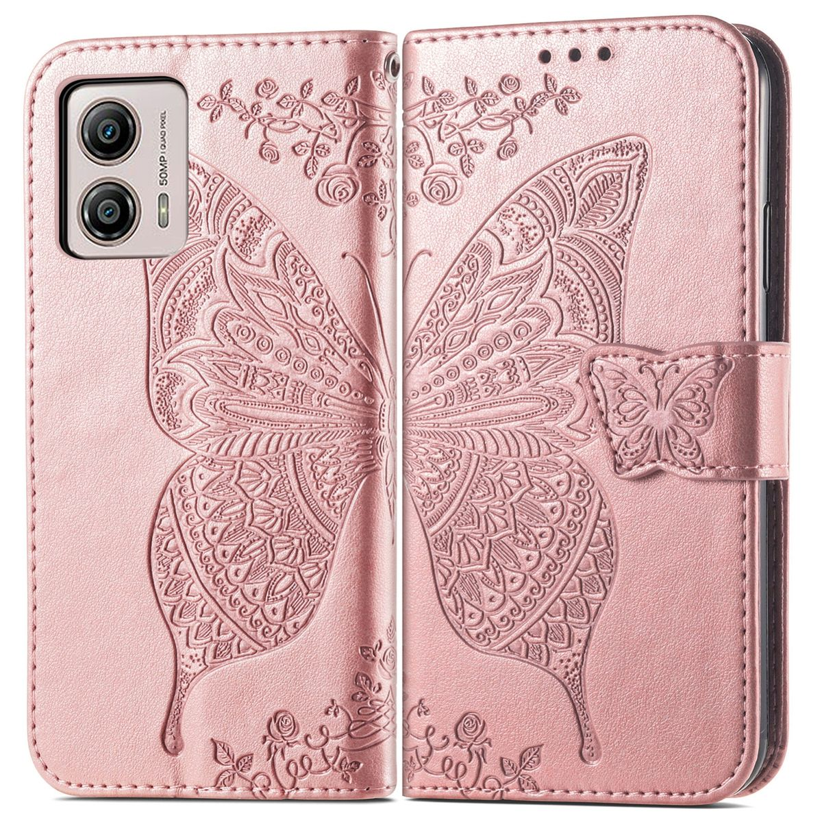Rosa Leder-Handyhülle mit Schmetterlingsdesign und Verschluss.
