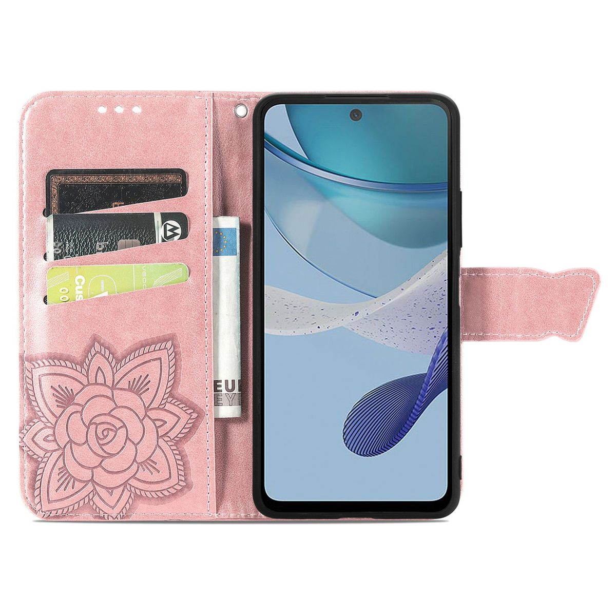 Geöffnete rosa Handyhülle mit Telefon. Innen Karten und Geld. Vorne ein Blumendesign.