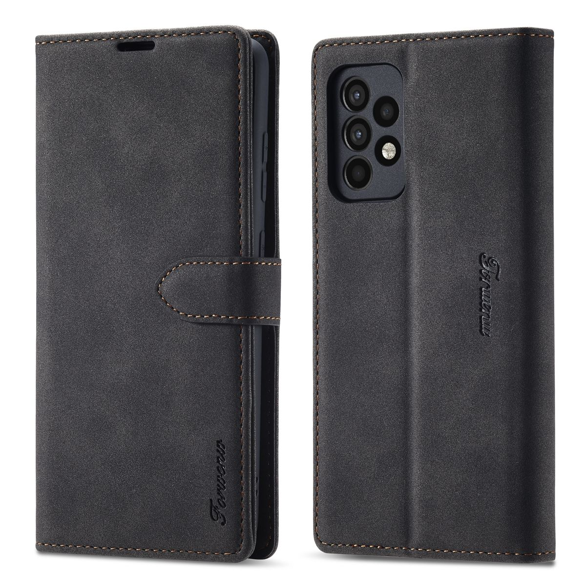 Geöffnete Handyhülle, Telefon zeigend. Braun und schwarz, mit Knopfverschluss.