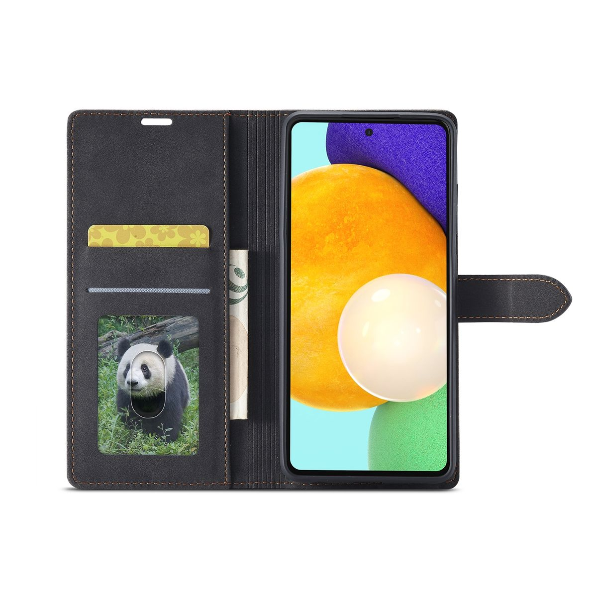 Schwarze Handyhülle offen, mit Telefon, Panda-Foto und Karten. Schwarze und braune Details.