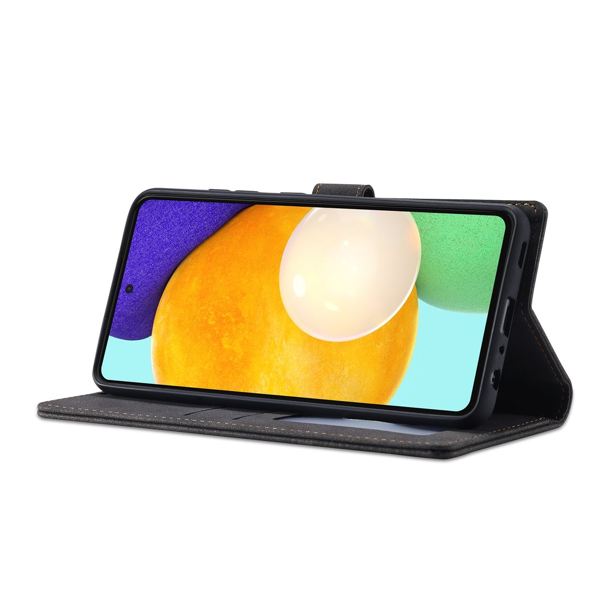Geöffnete schwarze Handyhülle mit Telefon darin, aufgestellt.