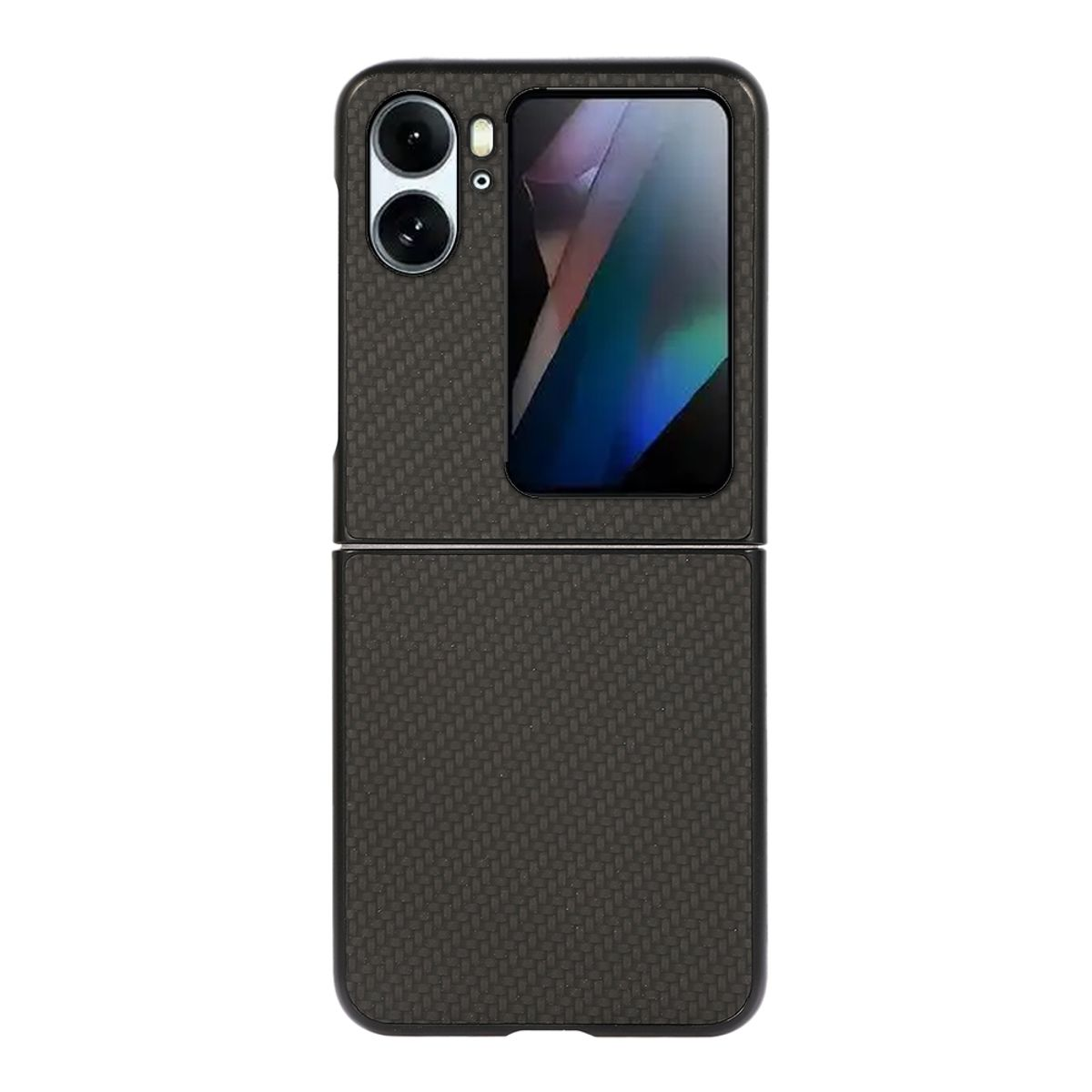 Schwarze Handyhülle für ein faltbares Telefon, offen, mit Bildschirm. Kohlefaser-Textur und Kamera.