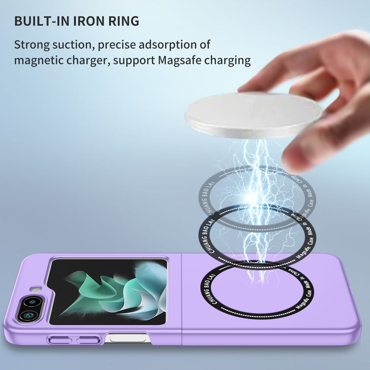 Lila Handyhülle mit Magnetladering. Das Bild zeigt den magnetischen Ladevorgang.