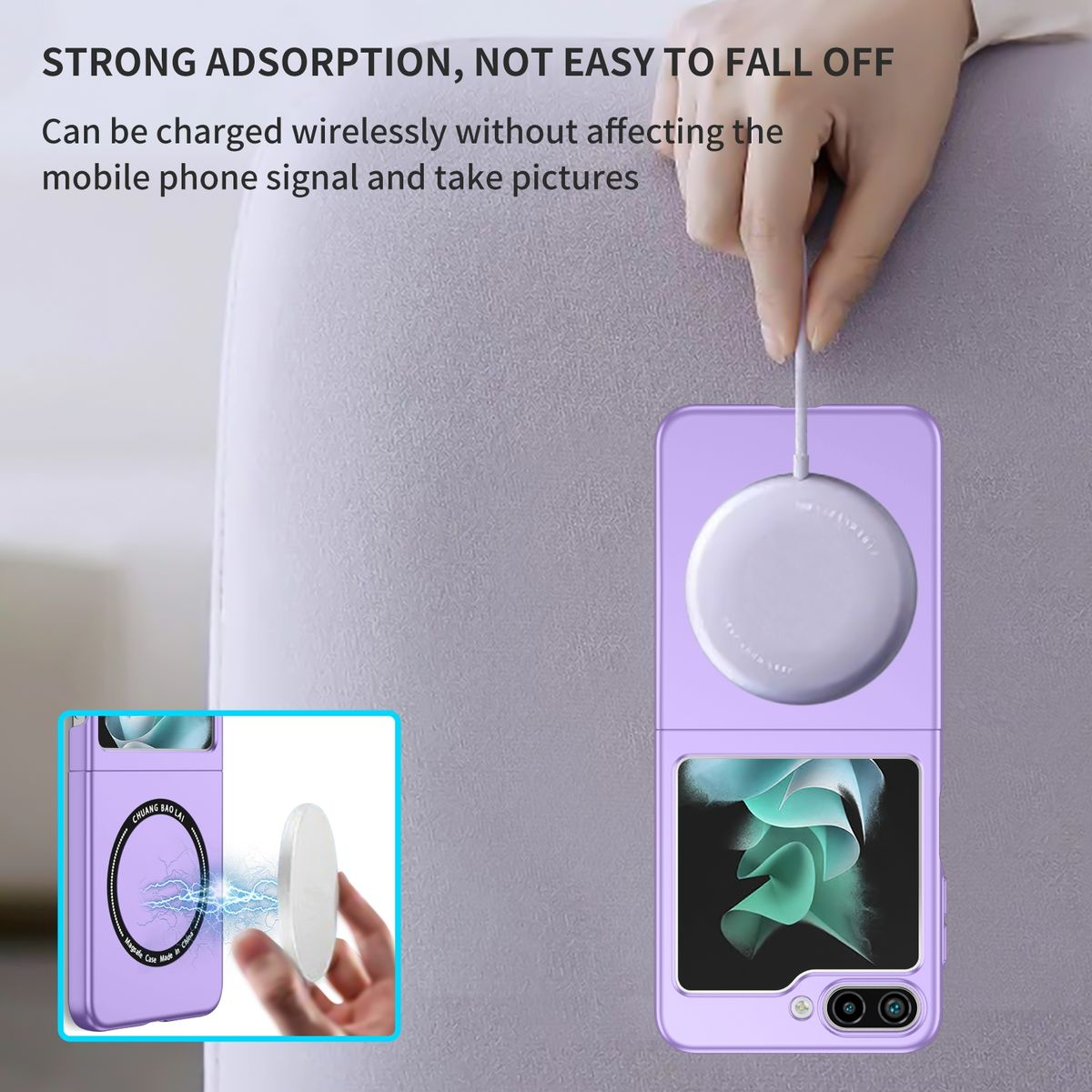 Lila Telefon, das kabellos geladen wird. Das Telefon ist ein Klapphandy mit Ladepad.