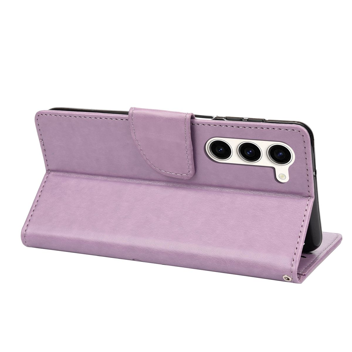 Eine hellviolette Handyhülle, offen, mit einem Telefon darin. Das Telefon hat eine Dreifachkamera und ein erhabenes Design.