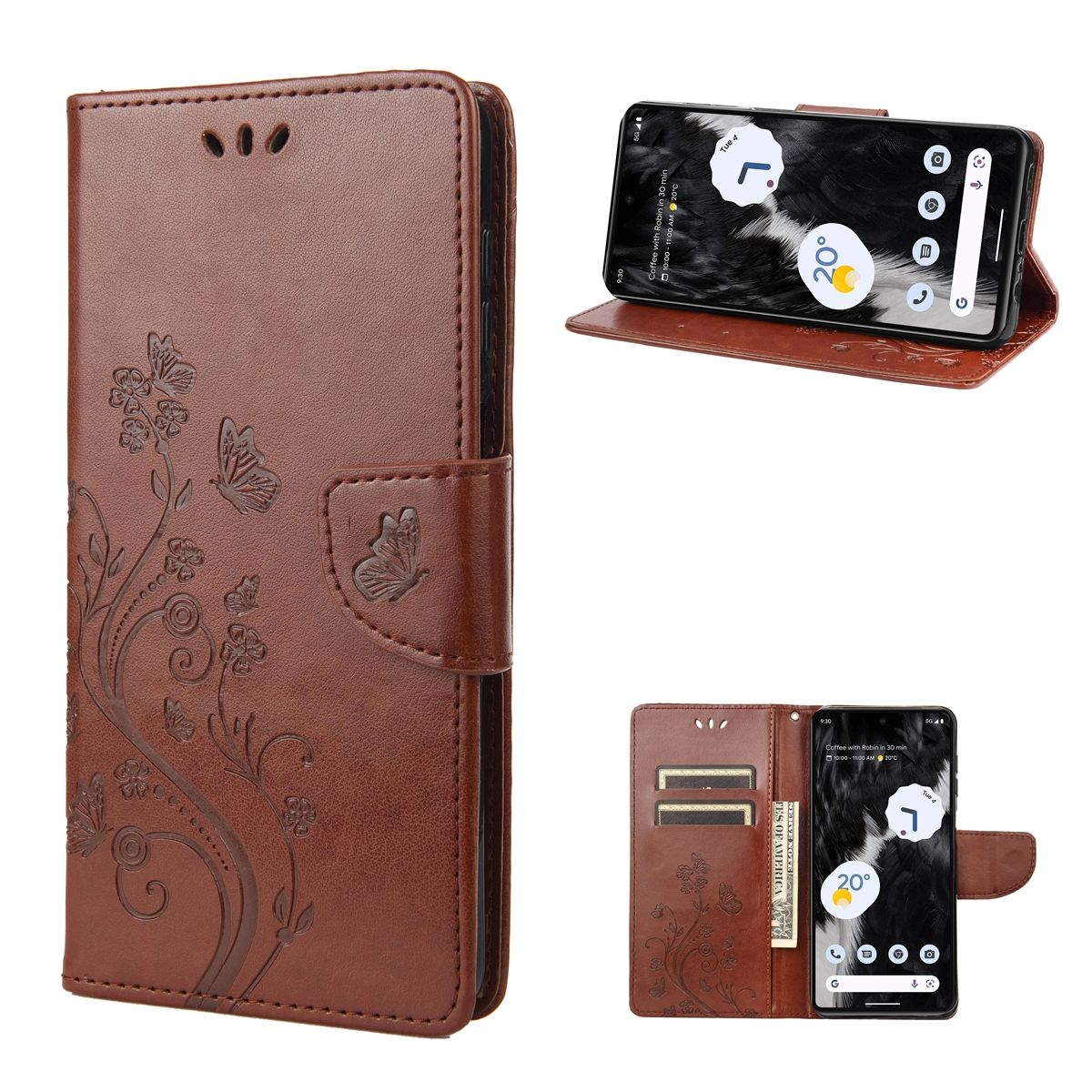 Braune Leder-Handyhülle, geschlossen und offen, mit Handy, Karten und Schmetterlingsdesign.