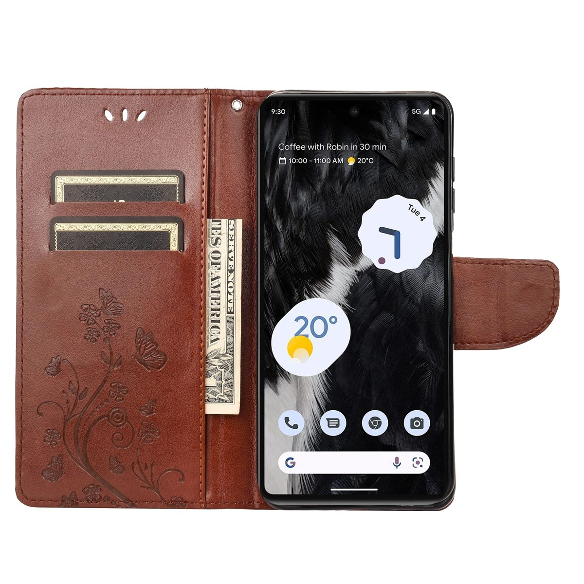 Eine braune Handyhülle mit einem Telefon und einem Hintergrund.