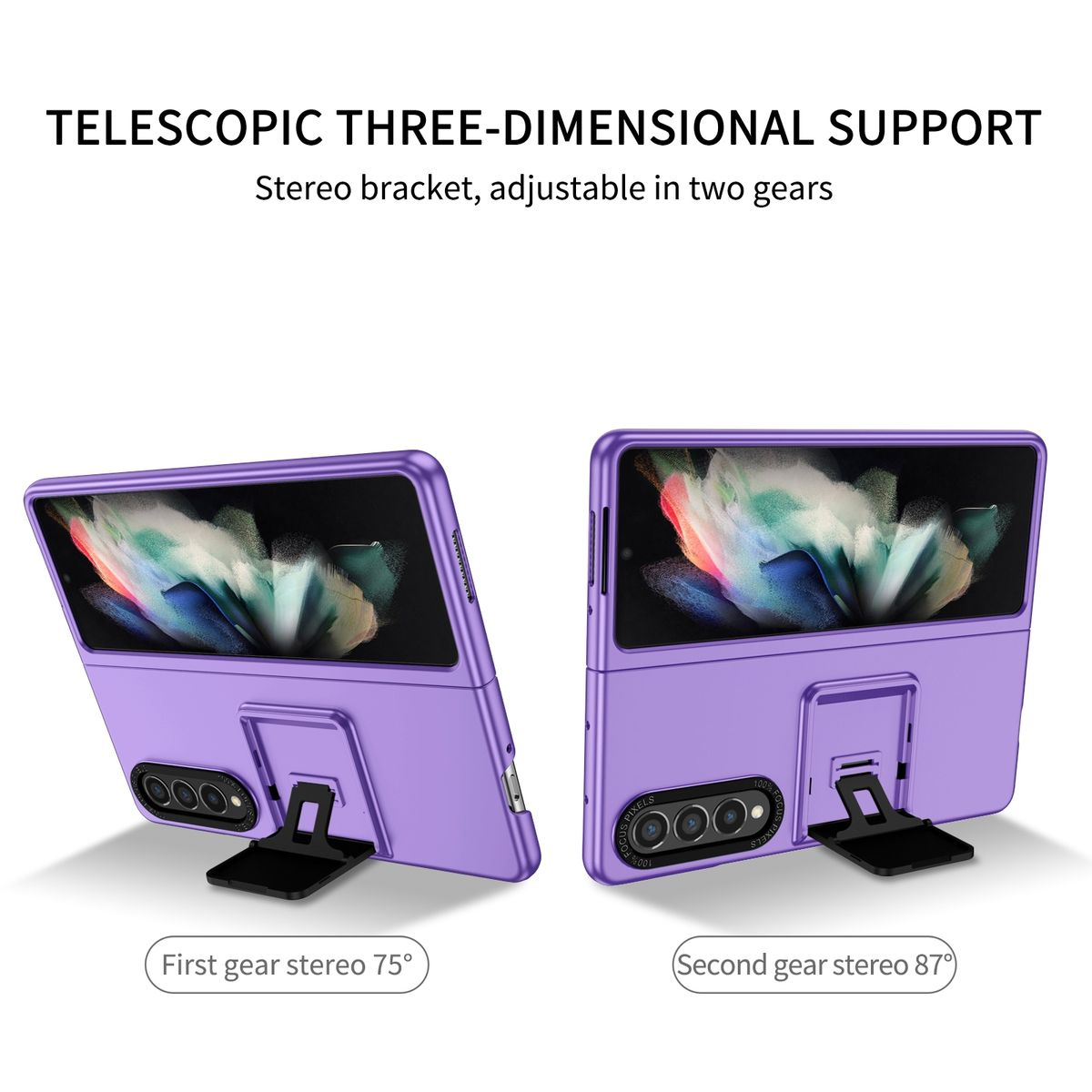 Zwei lila faltbare Telefone mit Ständern, zeigen verschiedene Winkel. Text: Erster Gang 75°, Zweiter Gang 87°.