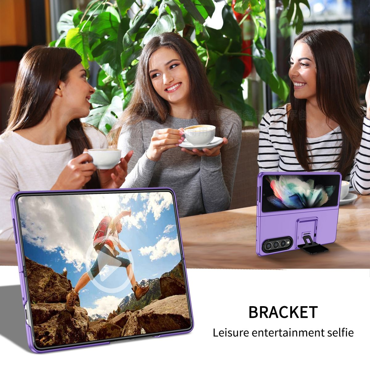Drei Frauen mit Handys, eine mit lila Handy und Halterung, Text: BRACKET.