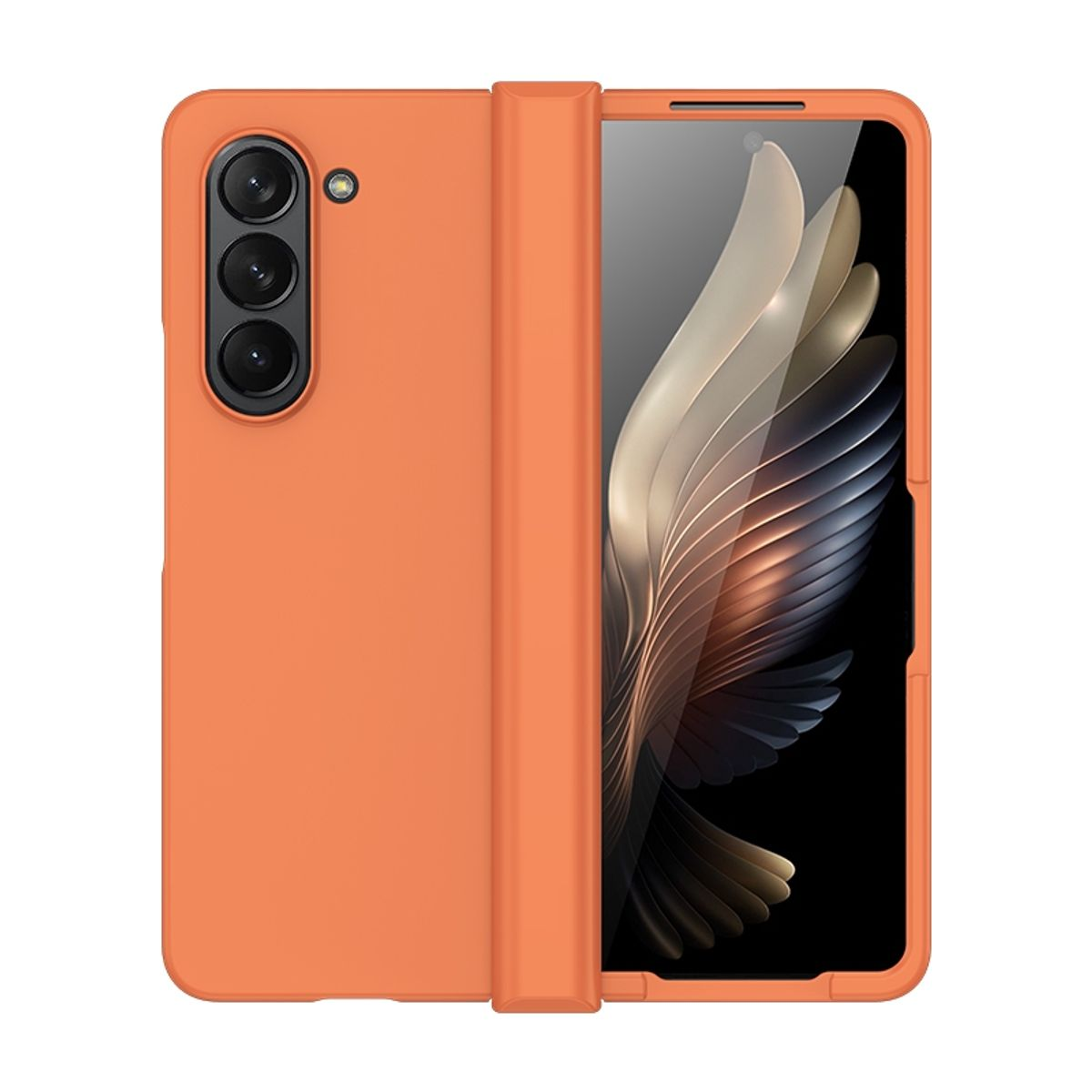 Orangefarbene Handyhülle, geöffnet, um das Telefon zu zeigen. Das Telefon ist orange und schwarz.