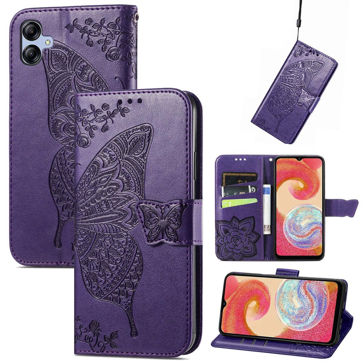 Lila Handyhülle mit Schmetterlingsdesign. Mehrere Ansichten: vorne, offen, Brieftaschenstil.
