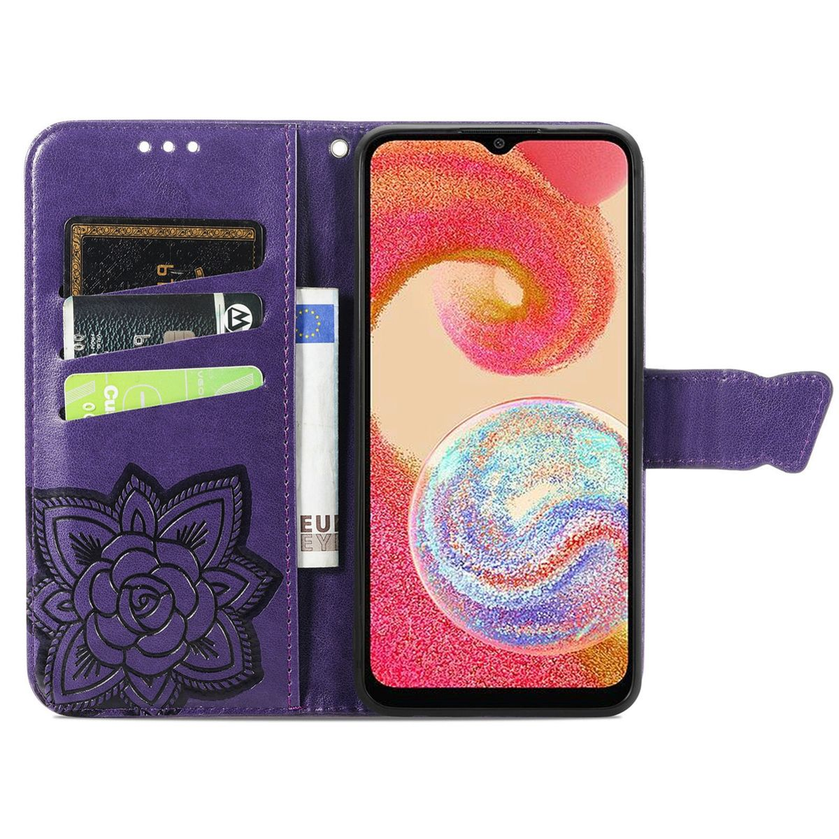 Lila Handyhülle, offen, mit einem Telefon, das eine bunte Oberfläche anzeigt.