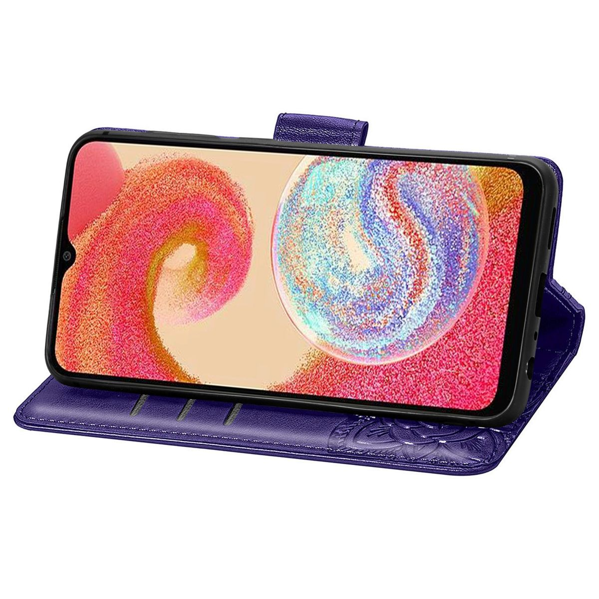 Eine lila Handyhülle ist geöffnet und zeigt ein Telefon mit einem bunten abstrakten Design. Die Hülle hat florale Details.