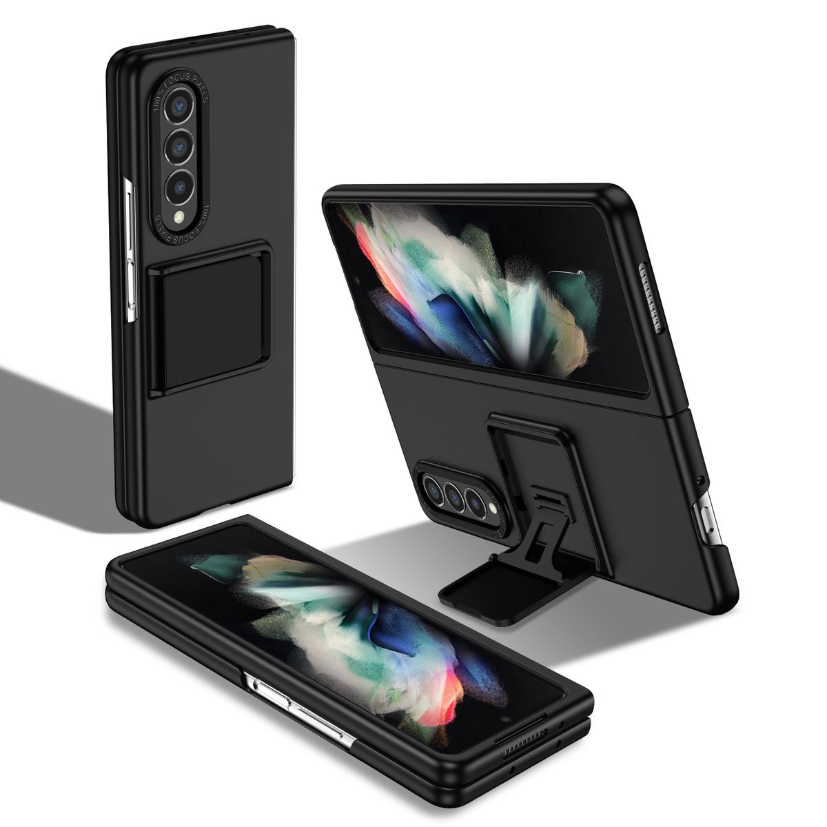 Schwarze Handyhülle mit Ständer. Mehrere Ansichten: offen, geschlossen und mit aufgestelltem Telefon.