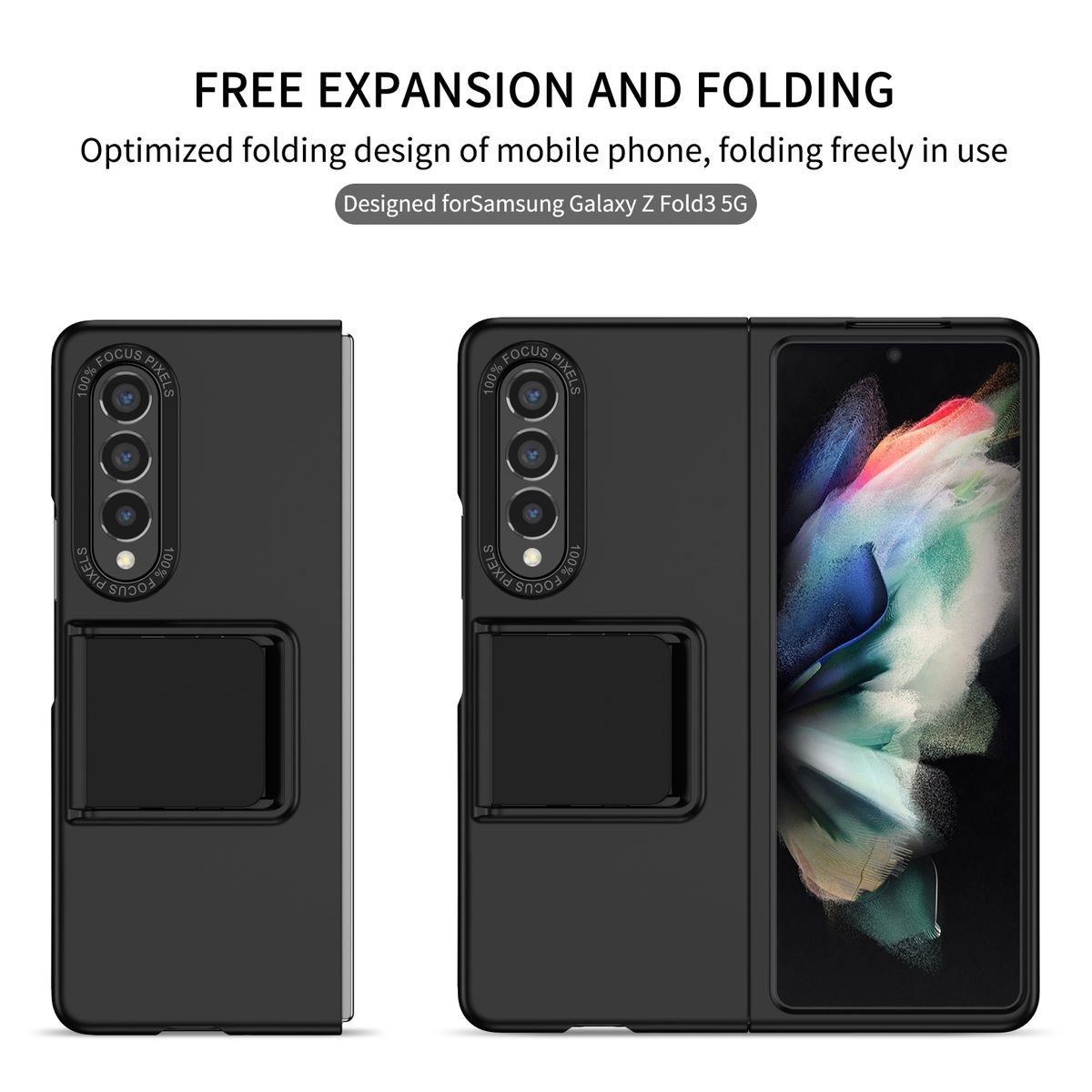 Zwei schwarze Handyhüllen, eine geschlossen und eine offen. Text: Freie Erweiterung und Faltung. Entworfen für Samsung Z Fold3.