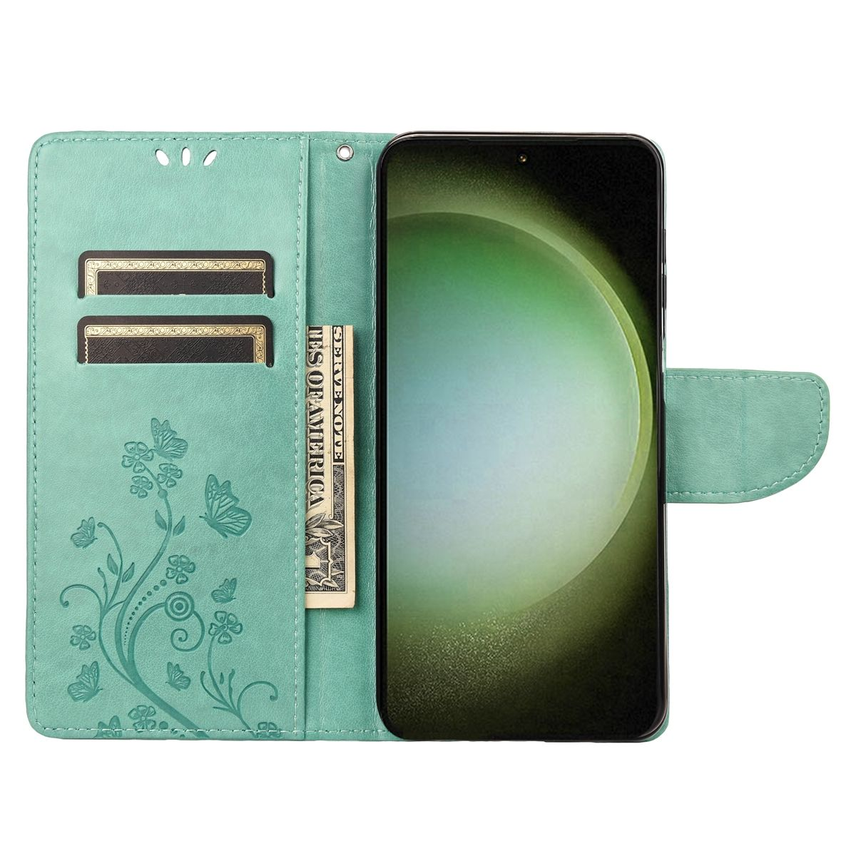 Türkisfarbene Handyhülle mit Schmetterlingsdesign, ein Telefon, zwei Kartenfächer und eine Dollarnote.