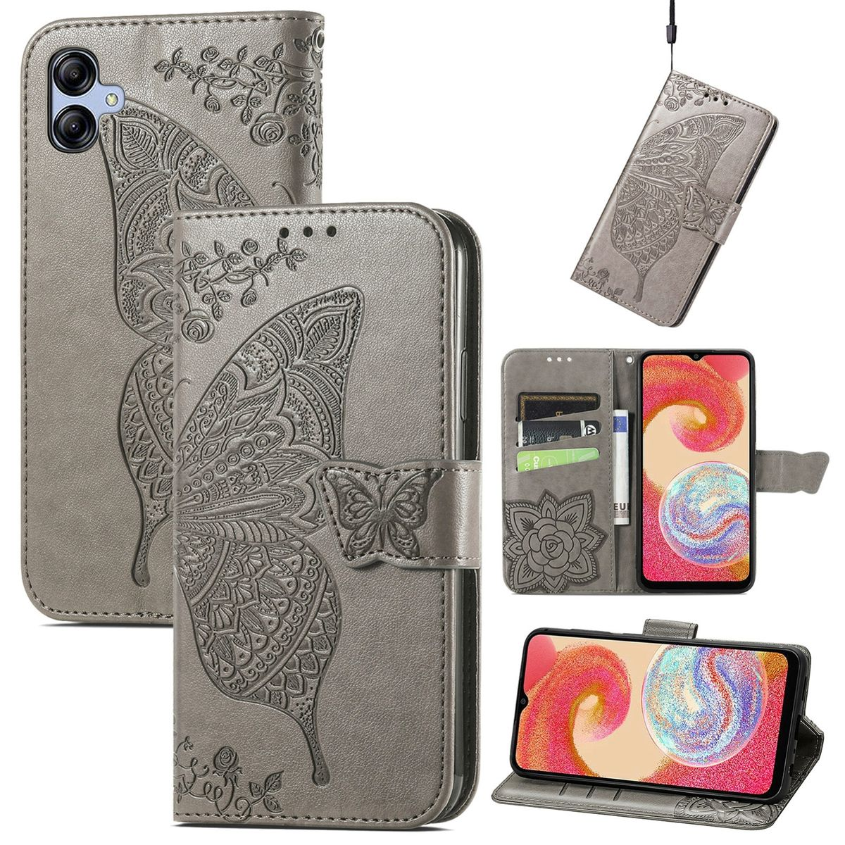 Graue Handyhülle mit Schmetterlingsdesign, offen und geschlossen. Enthält Telefon, Kartenfächer und Verschluss.