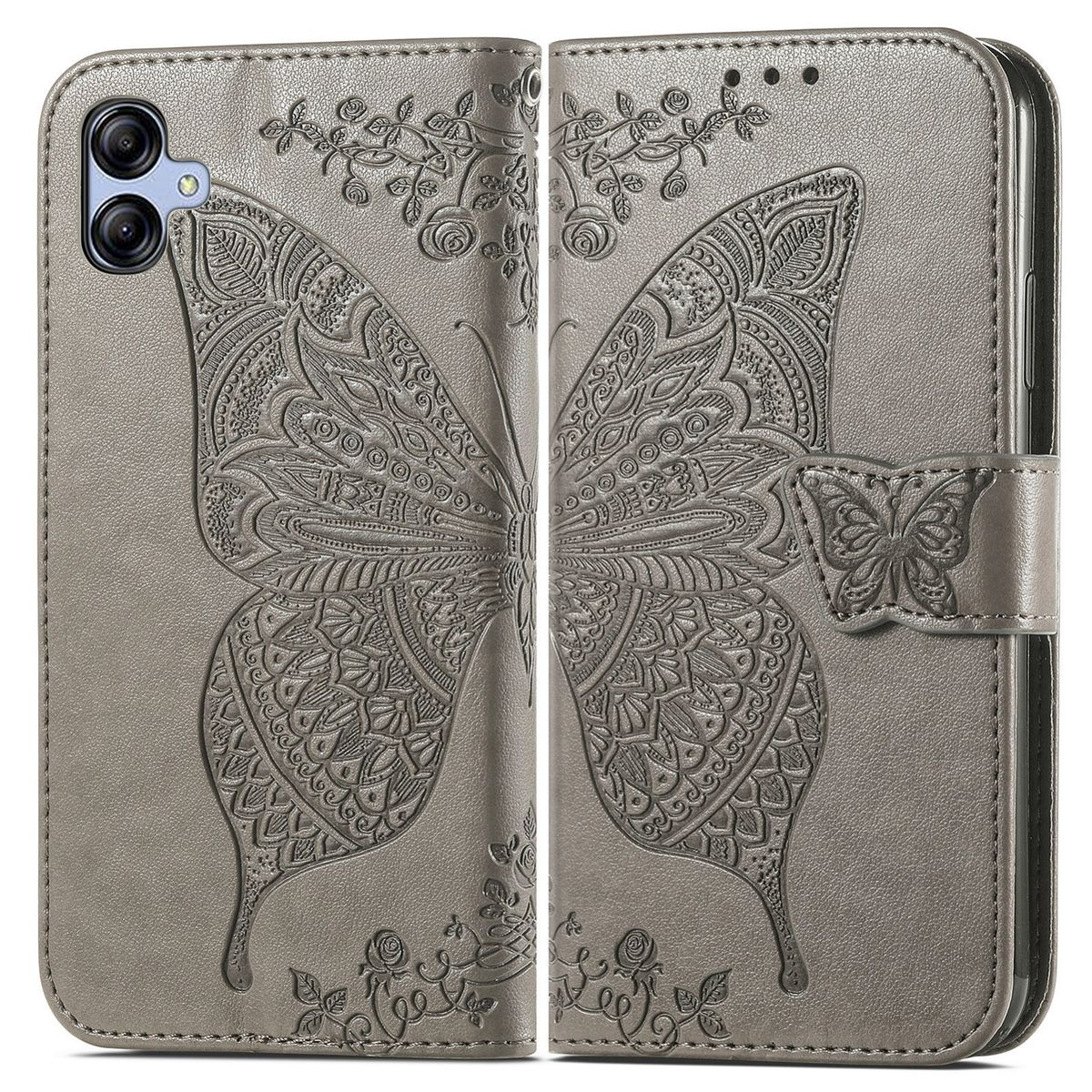 Graue Handyhülle mit Schmetterlingsdesign. Die Handyhülle ist offen und hat einen Schmetterling darauf.