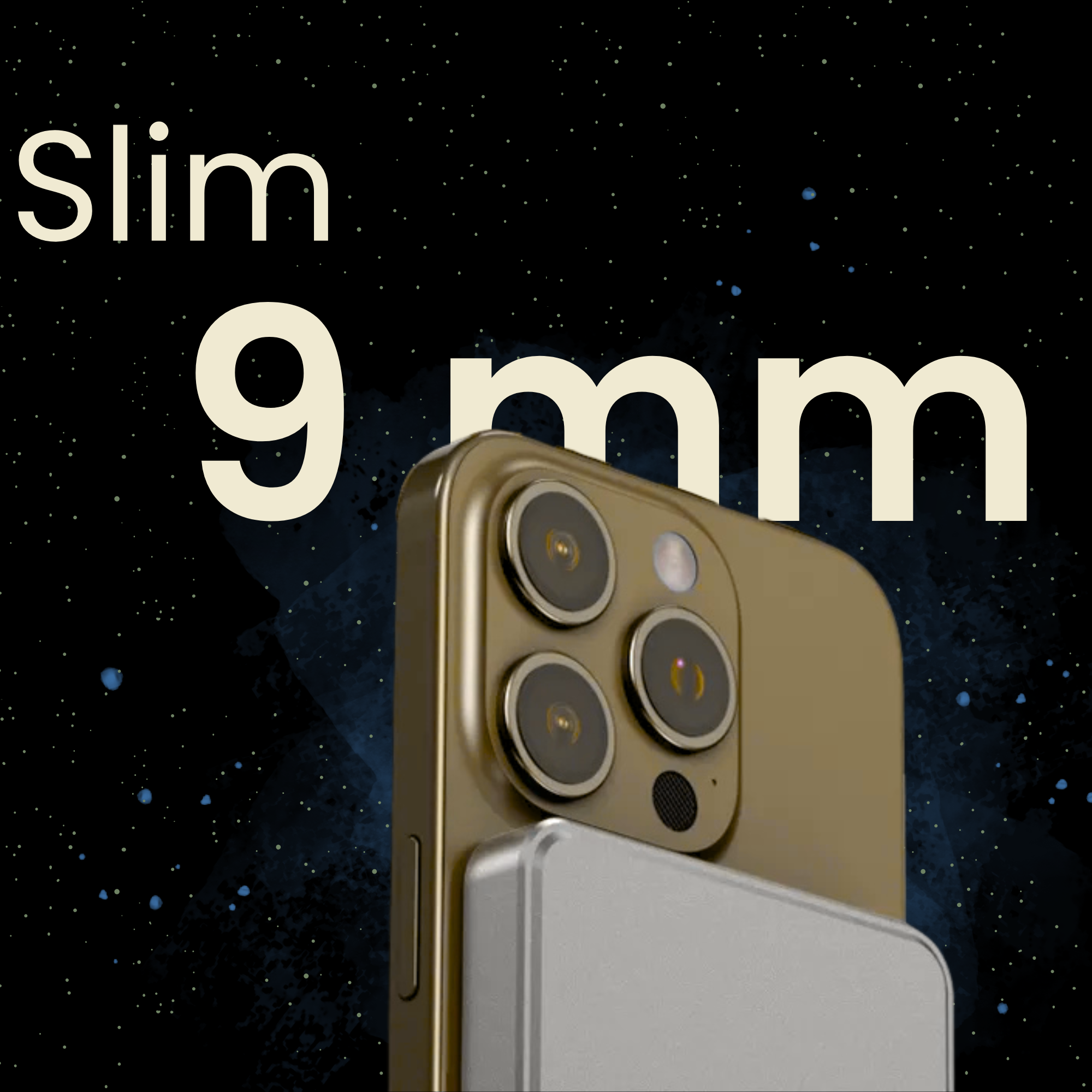 Ein goldenes Telefon mit einer Dreifach-Objektiv-Kamera und einem silbernen Aufsatz. Das Telefon vor Sternenhimmel.