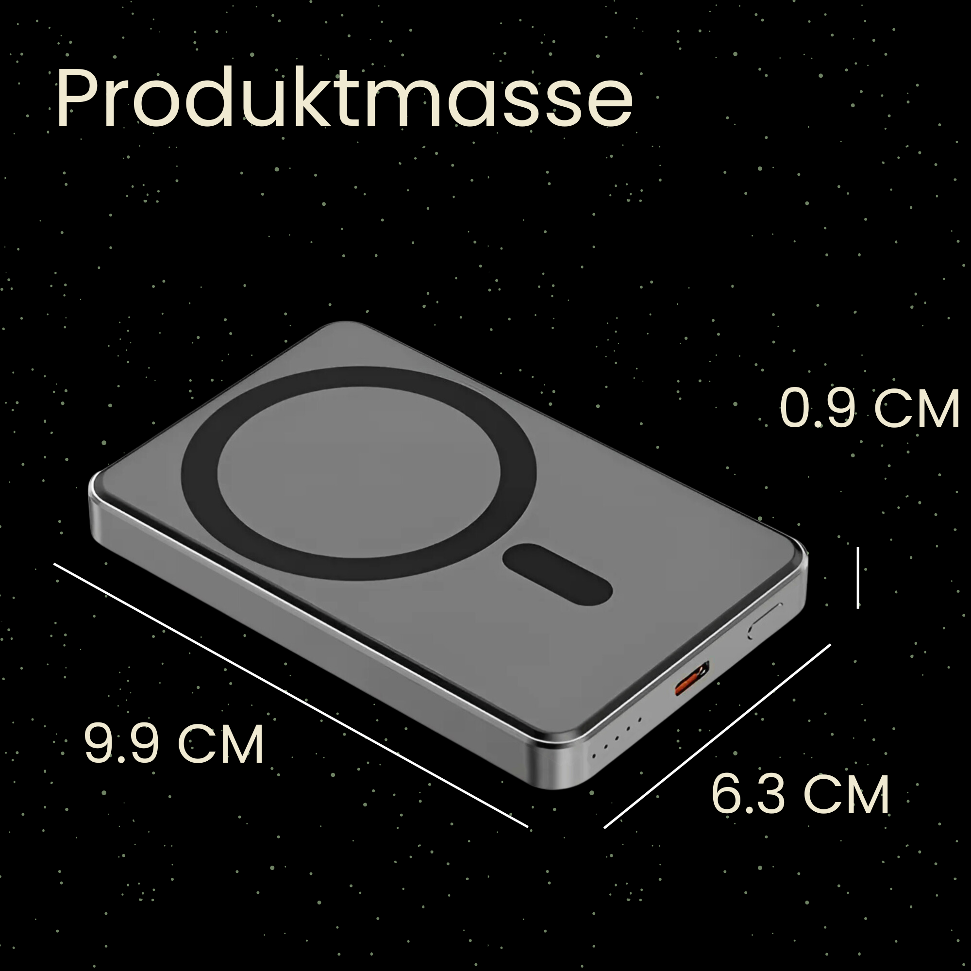 Graue rechteckige Powerbank. Schwarzer Kreis und kleines Rechteck. Maße: 9,9cm x 6,3cm x 0,9cm.