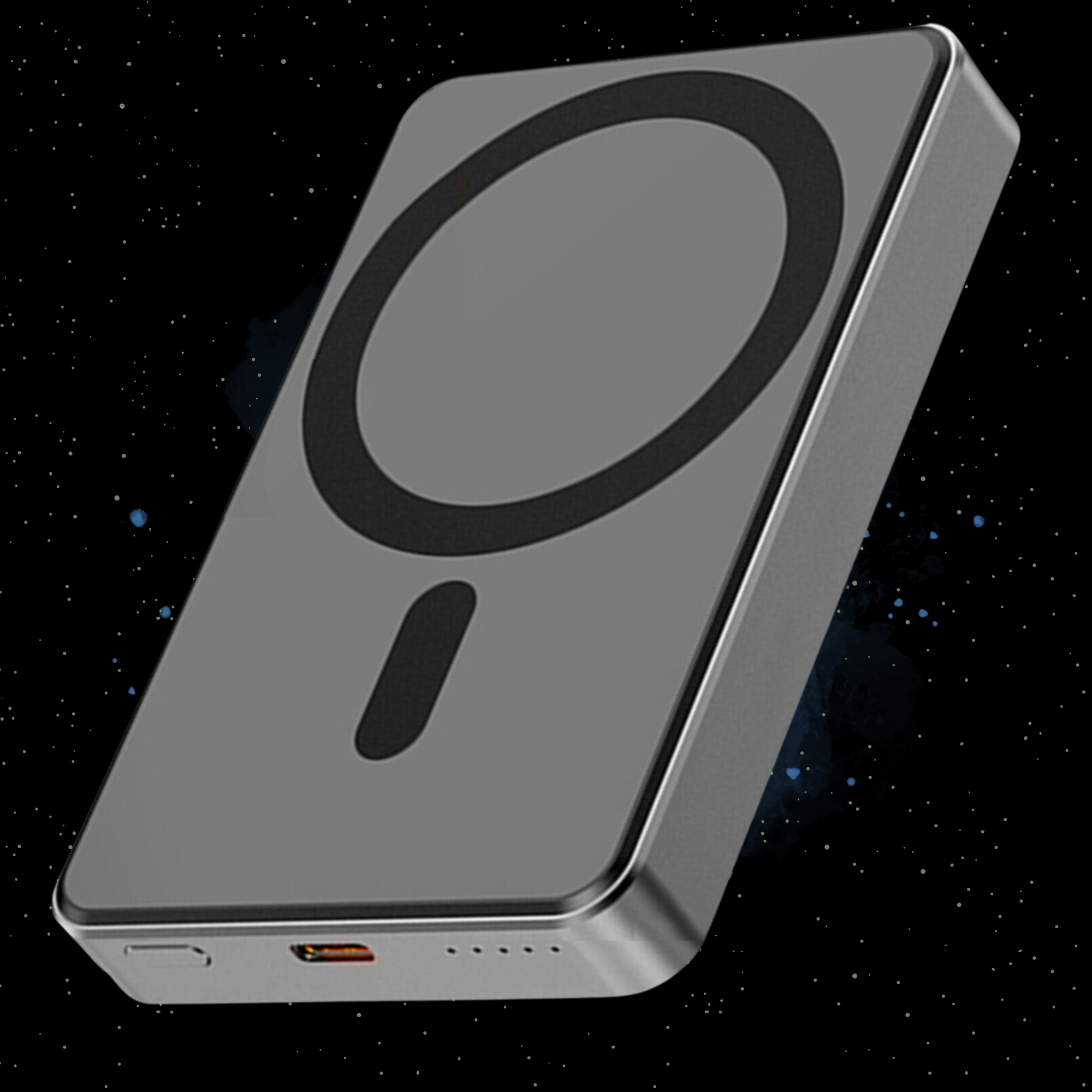 Eine graue, rechteckige Powerbank mit einem schwarzen Kreis und einem Ladeanschluss. Der Hintergrund ist dunkel.
