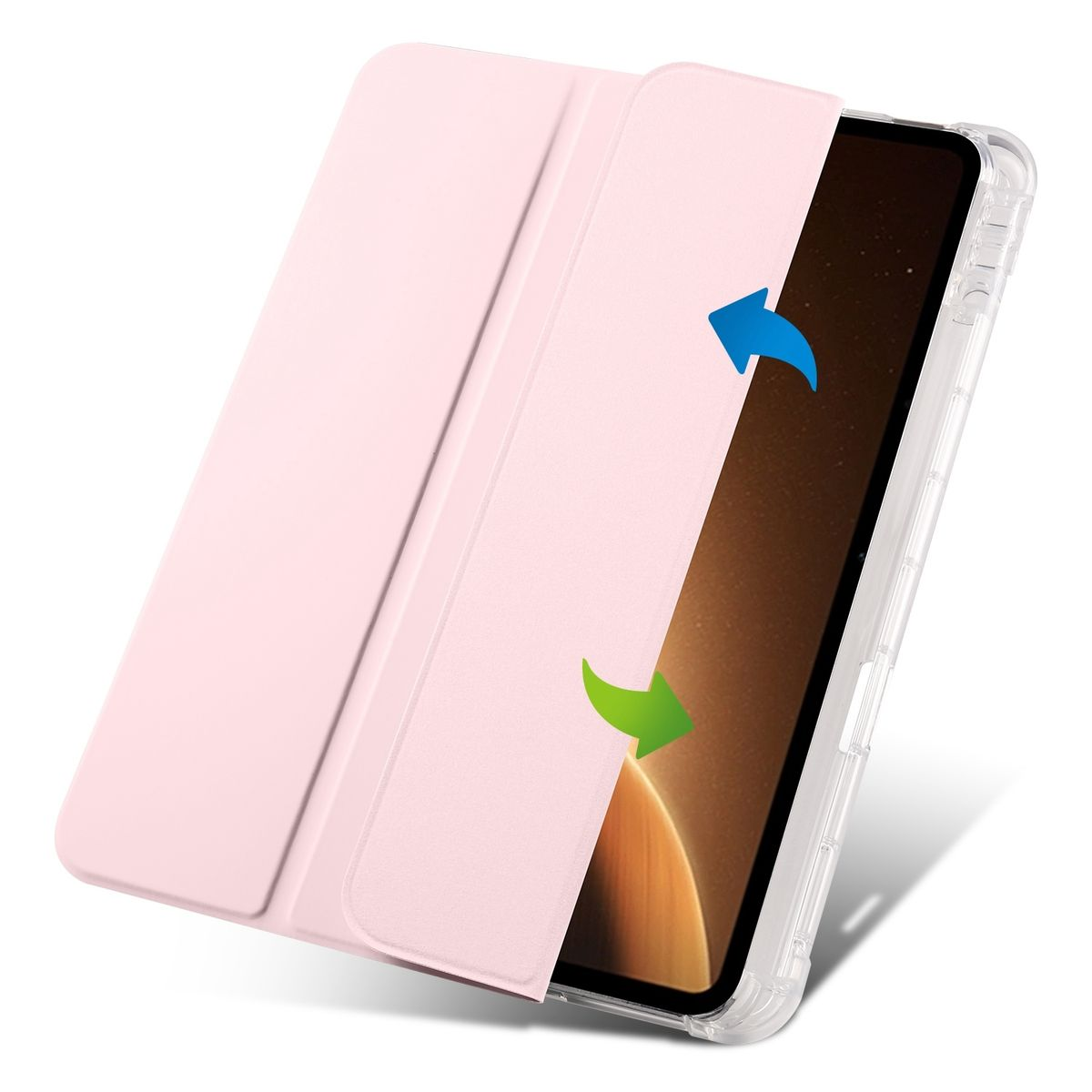 Eine rosa Handyhülle, geöffnet, mit einem Telefon darin.